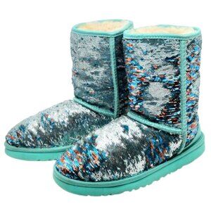 UGG~Classic Short Stellar Sequin~SHIMMERY BLUE SHEARLING ANKLE BOOTS SIZE 7